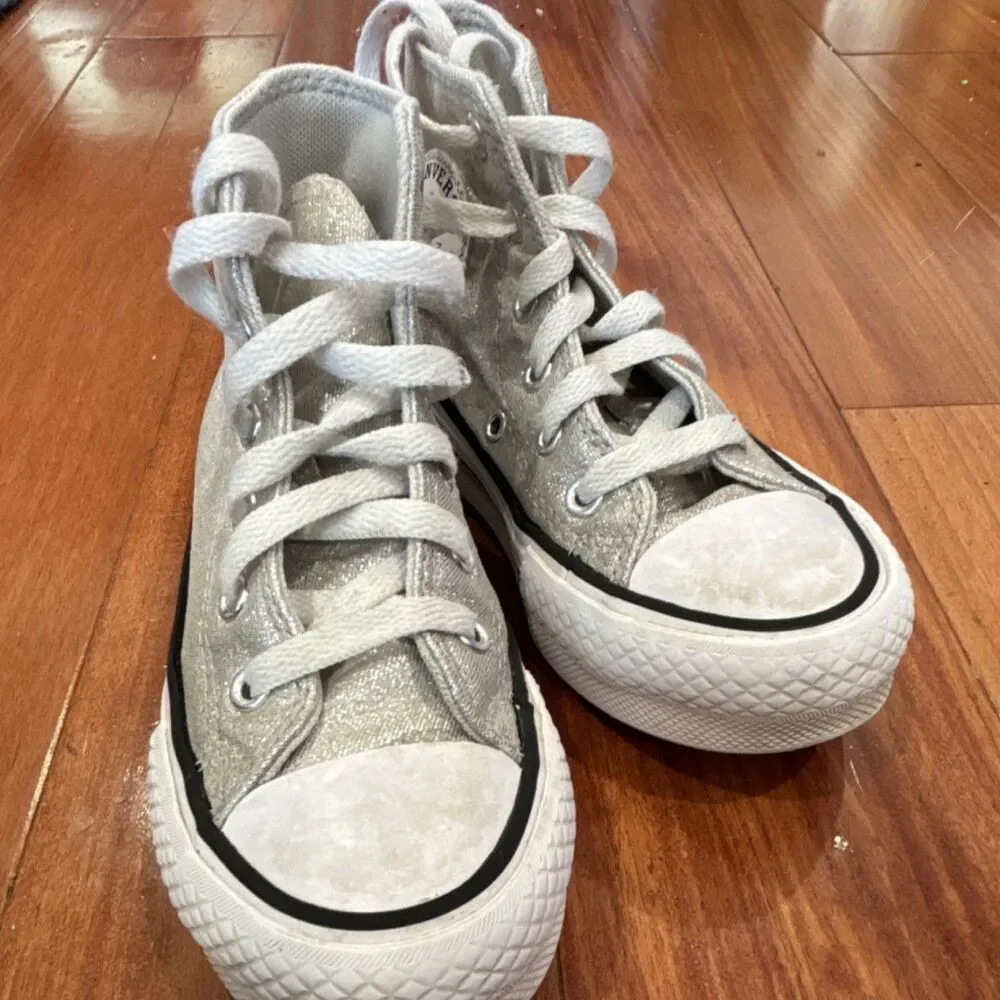 Converse Chuck Taylor All Star Hi Kids Silver Glitter Canvas High Top Sz 11.5